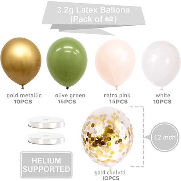 62 stk. Gyldne Olivengrønne Balloner til Baby Shower Dekoration