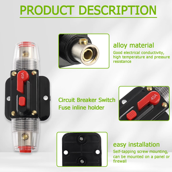 40A Strømafbryderkontakt 40 AMP Sikring Inline Holder 12V-51V DC Manuel Reset Knap til Bil Audio Lydforstærker System RV Hjem Marine Båd Lastbil