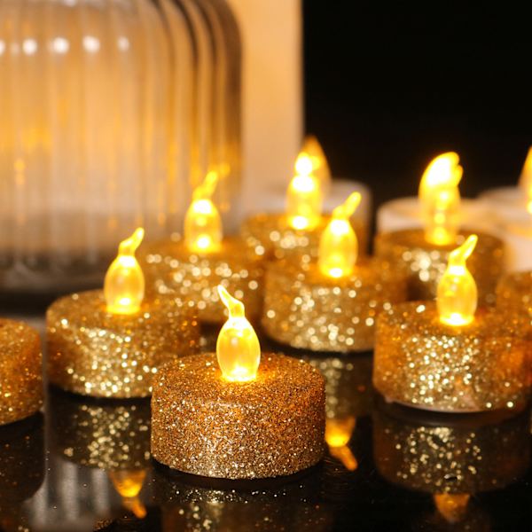 Guld flamfria votivljus, set med 12 batteridrivna flimrande LED-värmeljus för bröllopscent