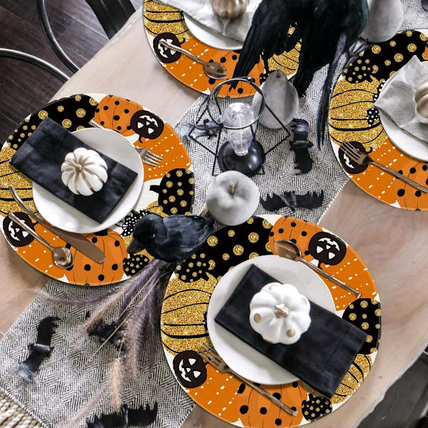 Jack-O-Lantern Græskar Halloween Runde Bordskånere Sæt af 4, 14 Tommer Efterårs Runde Bordskånere til Spisebord Dekoration