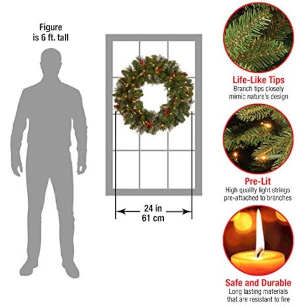 60 cm forhåndsopplyst kunstig julekrans, grønn, Crestwood gran, hvite lys, dekorert med kongler, bærklynger