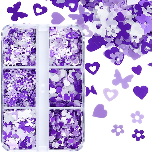 3 st 6-rutors lila nagelkonst glitter paljetter holografiska fjäril hjärta blommor mönster nagel glitter flingor lila nagel