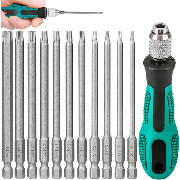 11-osainen käsikäyttöinen ruuvimeisselisarja, 100 mm pitkä, 1 käsikahvalla, S2, 1/4 tuuman Torx-ruuvimeisselit