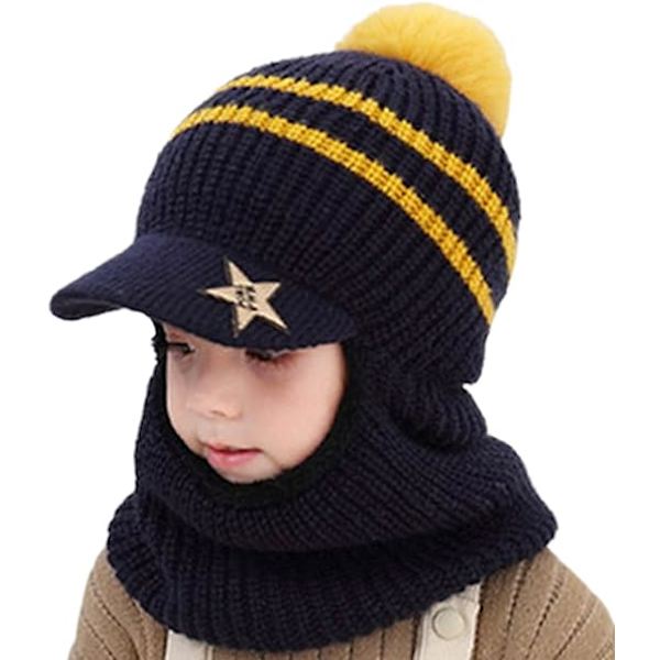 Vinter Varma Barn Stickad Fleece Mössa Hatt med Visir Huva E
