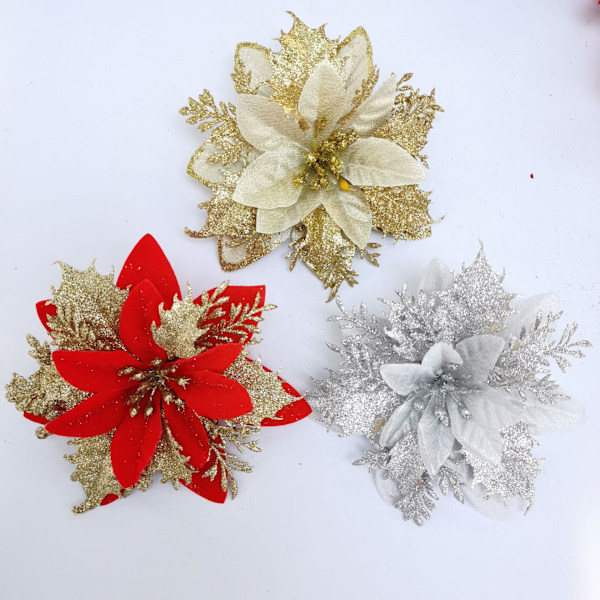 24 stk. Glitter Jule Poinsettia Blomster Kunstige Juletræ Ornament Bryllup Jul