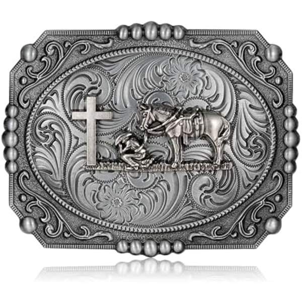 6,8x8,8cm Longhorn Bull Western Cowboy Texas Rodeo Bältespänne för Män, Kors Bön Hestman Religiös Bältespänne