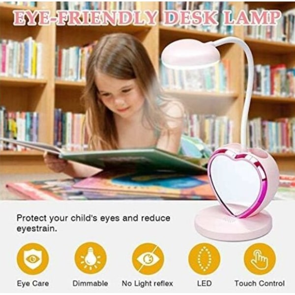 Oppladbar LED-skrivebordslampe for jenter, USB-port og penneholder, Di