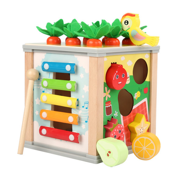 Träaktivitetskub 6 i 1 Träleksak Baby Year Development Montessori Sensorisk Aktivitetskub Gård T