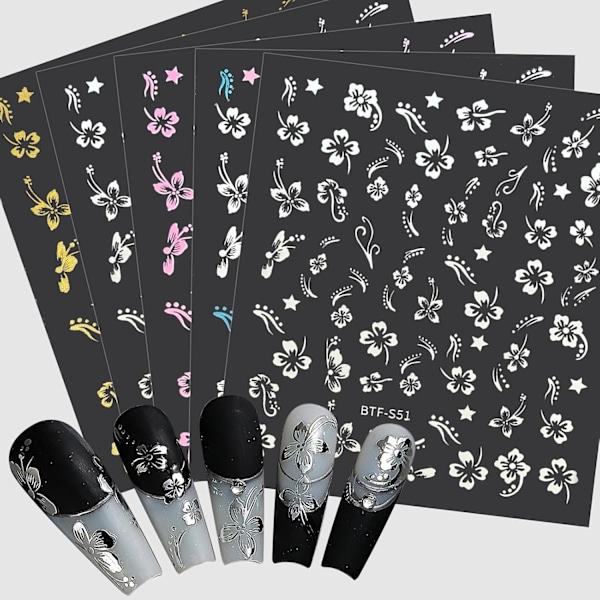 Blomster Nagelstickers 10 Ark Hibiskus Nageldekaler Vita Rosa Guld Silver Dekaler Nagelkonst Dekorationer Nageldekaler Nagelkonst Tillbehör Nageldesigner fo