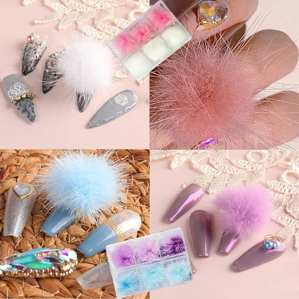 24 stk Magnetiske Neglekunst Charms 3D Fluffy Plush Balls Charms til Akrylnegle Aftagelige Pom Poms Kugler Y2K Neglekunst Sup