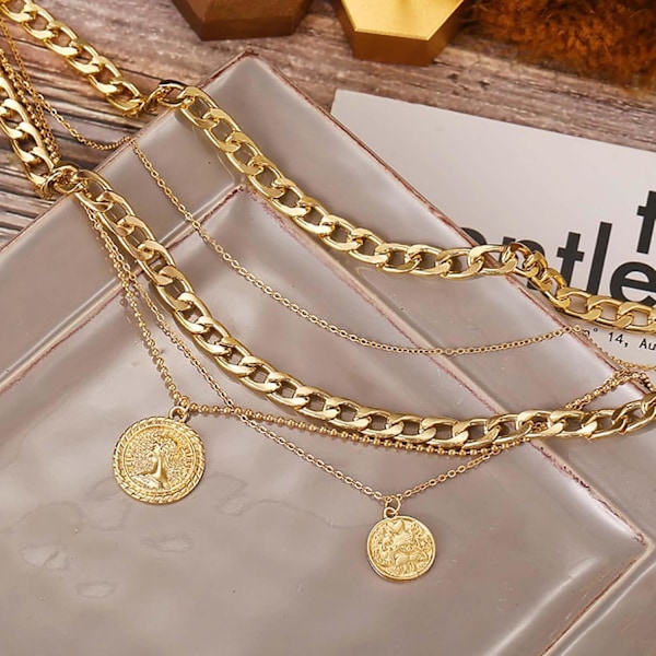 Punk Cuban Chunky Chain Guld Choker Lagt Halskæder Lagdeling Mønt Vedhæng Halskæde Flad Curb Tyk Kæde Multilayer Ne