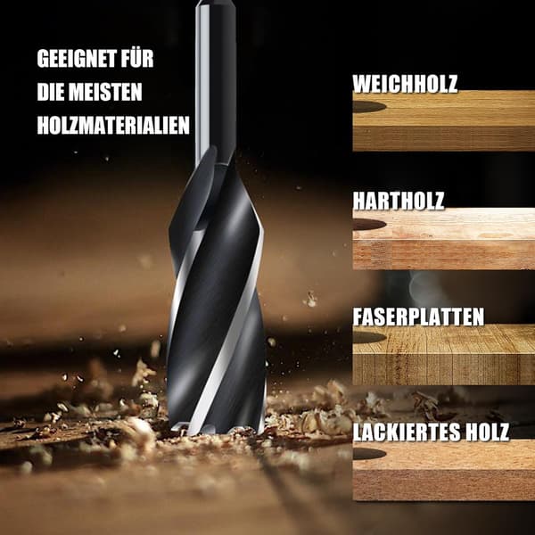Sæt med 3 træbor 10x230mm til blødt træ, hårdt træ med centreringsspids og E-skaft 6.35