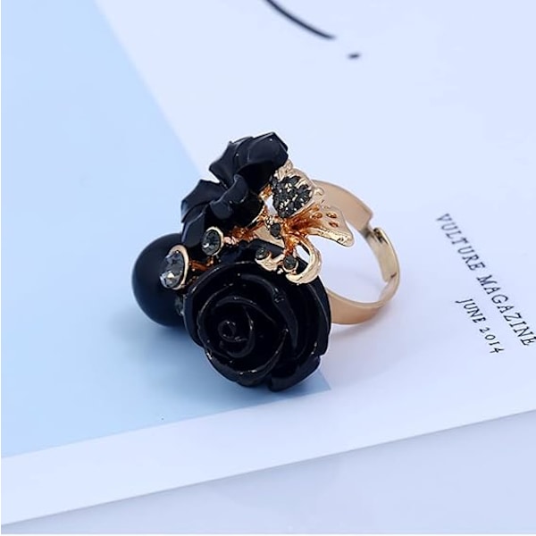 Rose Flower Bryllupsring for Kvinner Jenter Statement Forlovelse Rund Rhinstone Krystall Aryclic black