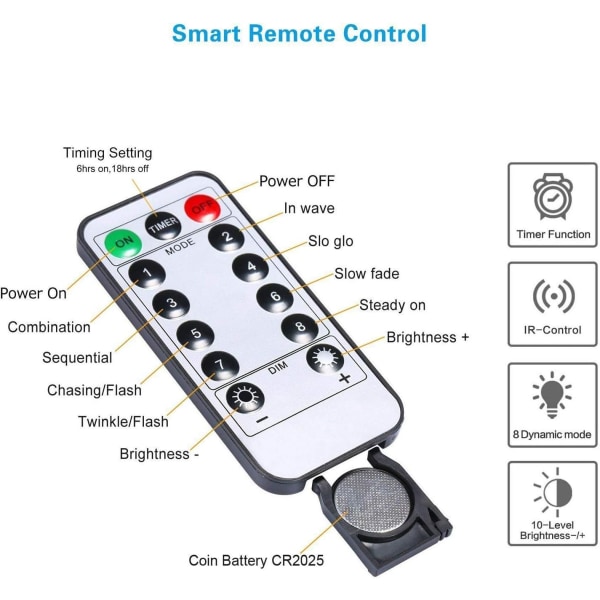 2 x 10m LED-lyskjede med 100 lysdioder, batteridrevet, med timerfunksjon