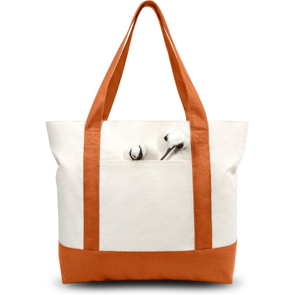 (Orange+Hvid) 1-Pak Mode Canvas Tote Taske med Ekstern Lomme og Lynlåslukning i Toppen, Daglig Ess