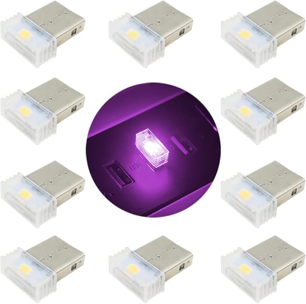 Mini USB for bilinteriør, 10 stk LED bilinteriør, bilinteriørbelysning, USB bilinteriørlys, LED bilinteriør (rosa-lilla)