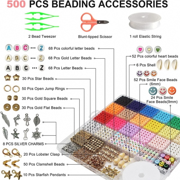 (3600 stykker) Fladperlesæt, håndlavede bogstavperler i polymerler, farverige runde perler, alfabet