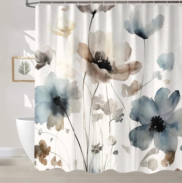 1 st Boho Blommig Duschdraperi, Kräm Tan Beige Blå Grå Vit Vattenfärg Blomma Tyg Duschdraperier Set för Badrum