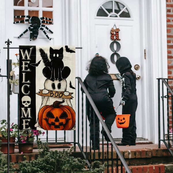 Halloween-banner, dubbelsidig trädgårdsflagga 30x45cm Skrämmande kattpump