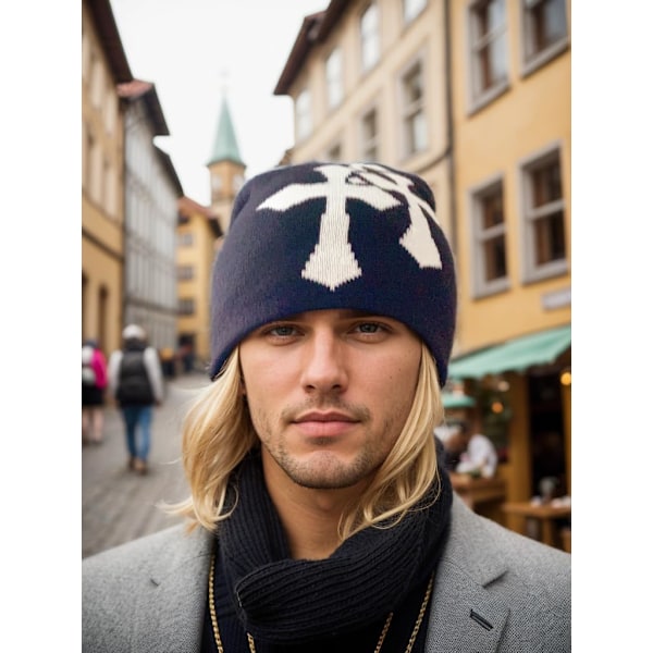 Stickad Beaniehatt med Korsgrafik för Män och Kvinnor, Jacquardhatt, Punk, Enfärgad, Utomhussporter, Trendig Beanie