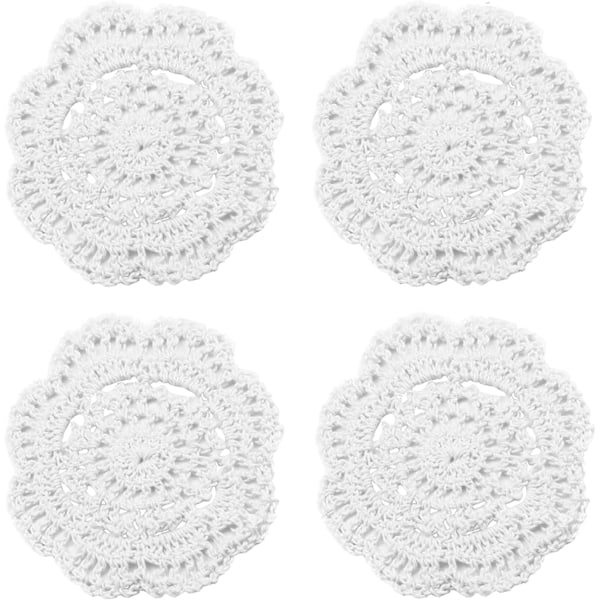 Set med 5 (Vita), 10 cm Runda Virkade Spetsdukar Underlägg Handgjorda