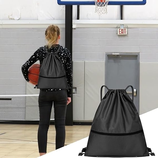 Svart Oxford-stoff ryggsekk, vanntett sportsryggsekk med snor sportsveske for skole, basseng,