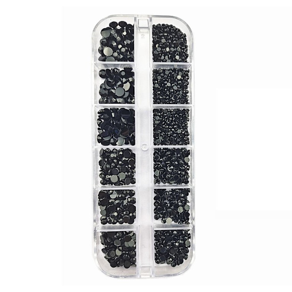 12 gitter hvide krystalrhinestones, sølv runde flade sten, assorteret, negle black