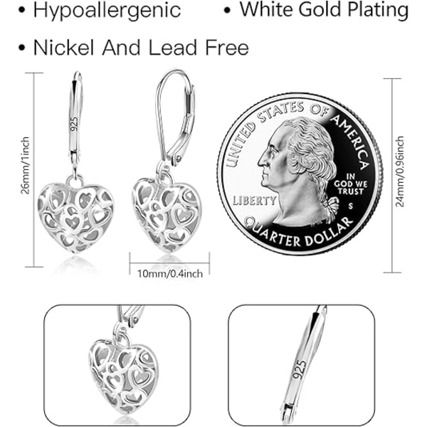 925 Sterling Sølv Fransk Stil Leverback Øredobber, Hjerte Dingle Drop Øredobber for Kvinner Hypoallergeniske Smykker