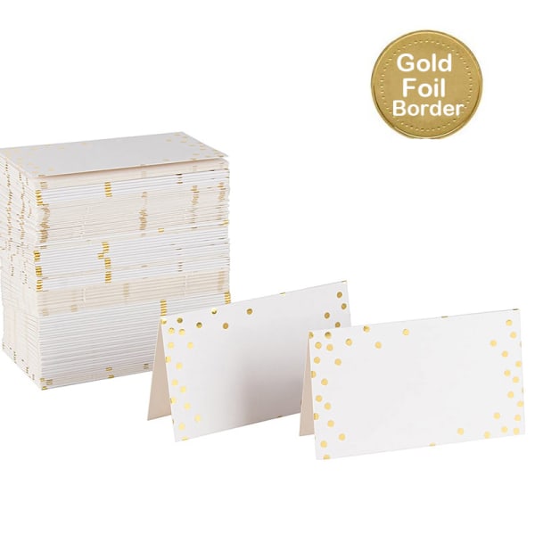 Små hvide navne-easel-kort med guldpolkaprikker, pakke med 100 bordkort,