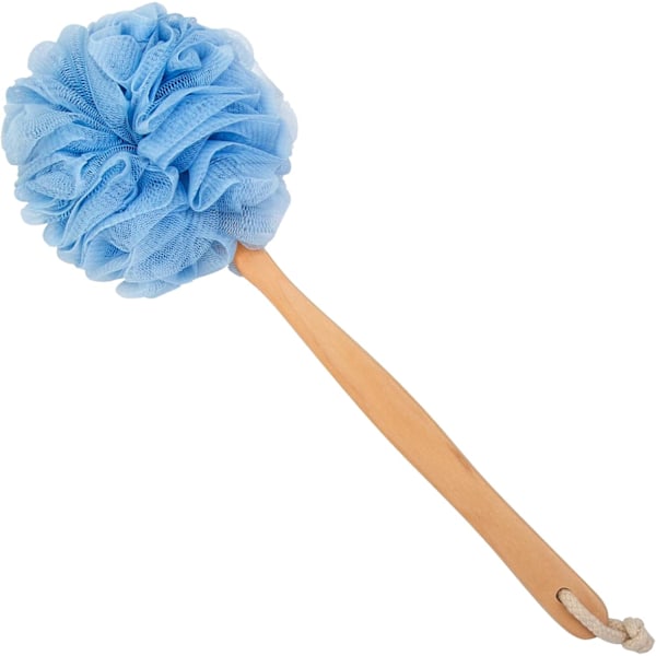 (Blå) Ryggskrubbare för dusch, trähandtag långt badsvamp duschborste, mjuk nylon mesh ryggrengörare tvättare, kvinnor & män exfolierande luffa puff o