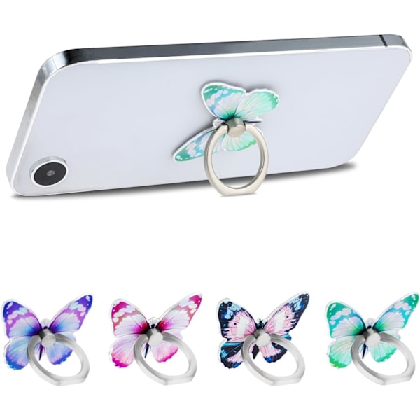 4 ST Butterfly Mobiltelefon Ringhållare Zinklegering Söt 360° Rotation Metall Finger Mönster Målad Universal Telefon Ringhållare Kompatibel för Alla Smartp