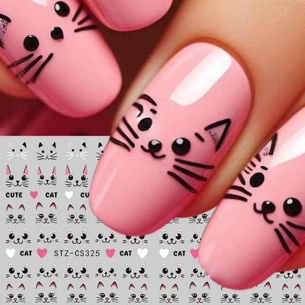 4 Ark Söta Rosa Katt Nagelkonst Klistermärken Set - 3D Tecknad Kattunge Graffiti Nageldekaler för DIY Manikyr Självhäftande Nageldekaler Nagelkonst Tillbehör Mani