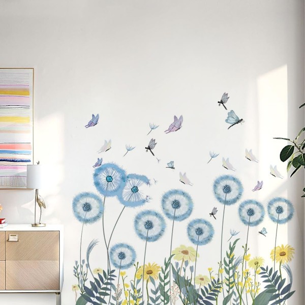 Blå Maskros Väggdekaler Fjäril Blommor Väggdekal Blå Blommor Väggdekaler för Vardagsrum Sovrum