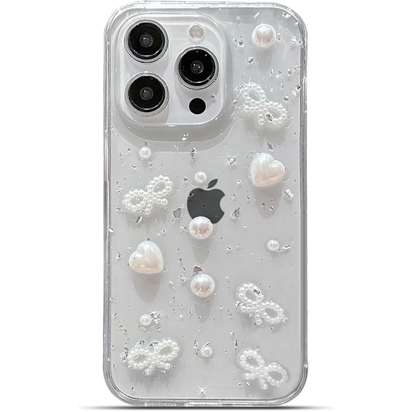 Søt 3D Perle Buesløyfe Hjerte med Design Estetisk Kvinne Telefonveske for Jenter, Glitter Glimmer Bakside Støtsikker Myk TPU