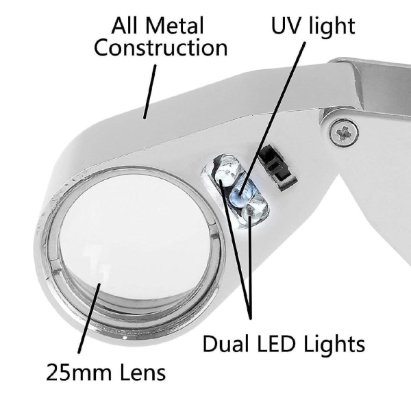40x LED-belyste juveler-lup, bredt sikte, øyeforstørrelsesglass, G