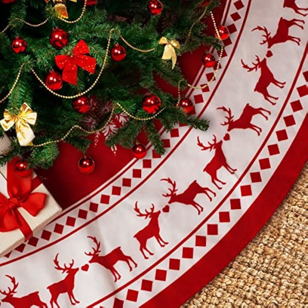 48 inch Christmas Tree Skirt  Tree Skirt Large Snowflake Reindeer Red Xmas Tree Skirt Rustic Christmas Decorations for W