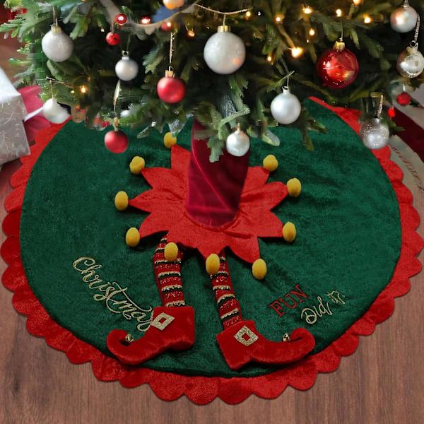 1 st Elf Julgransskjort 36 Tum Sammet Julgransskjort med Godisrandiga Ben Röd och Grön Trädmatta Jul