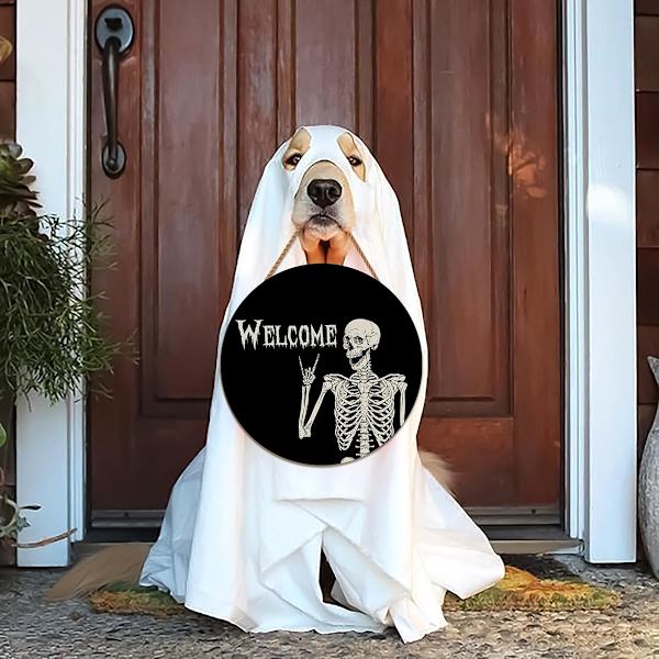 Halloween Dekoration Krans Halloween Kranium Velkommen Dørskilt Foran Til Dør Dekoration, Rustik Træ Ferie Dekoration
