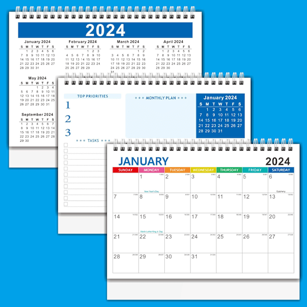 Stor skrivebordskalender - Engelsk kalender 2024 Skrivebordskalender Flip-kalender til skrivebord, stabil metalspole