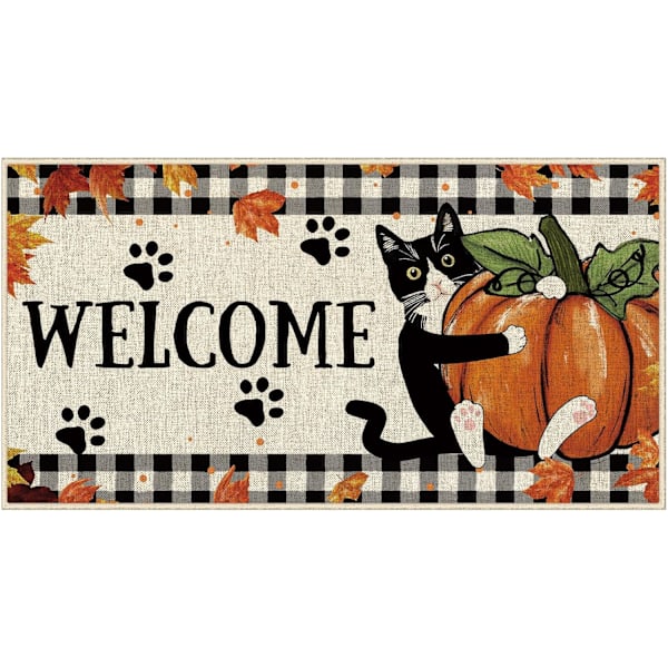 Welcome Cat Door Mat Fall Tuxedo Pumpkin Cat Decorative Doormat Seasonal Holiday Non-Slip Rubber Backed Entryway Rugs fo