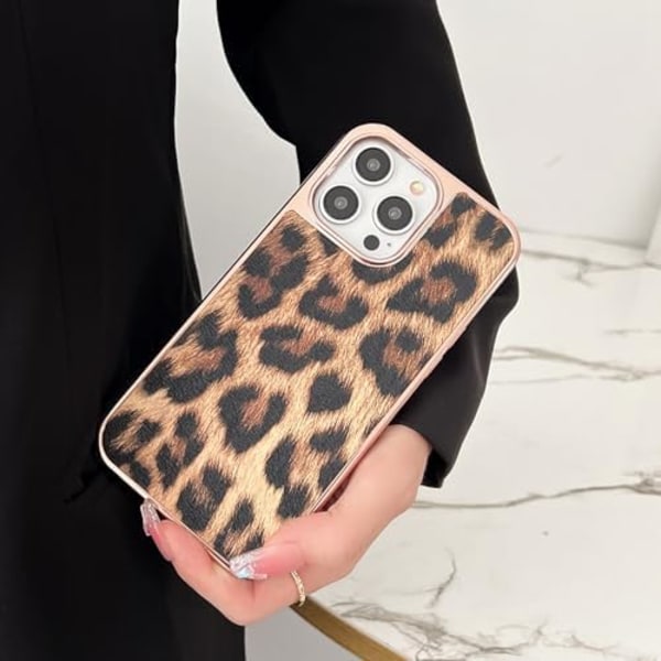 Luksuriøst leopardmønstret mobildeksel for iPhone 15 Pro Max - Motebeskyttelsesdeksel med forgylt ramme i skinn, støtsikker