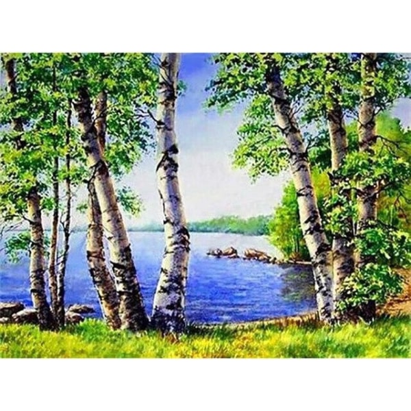 30 x 40 cm, landskab ved søen Diamantmaleri Broderi Dia