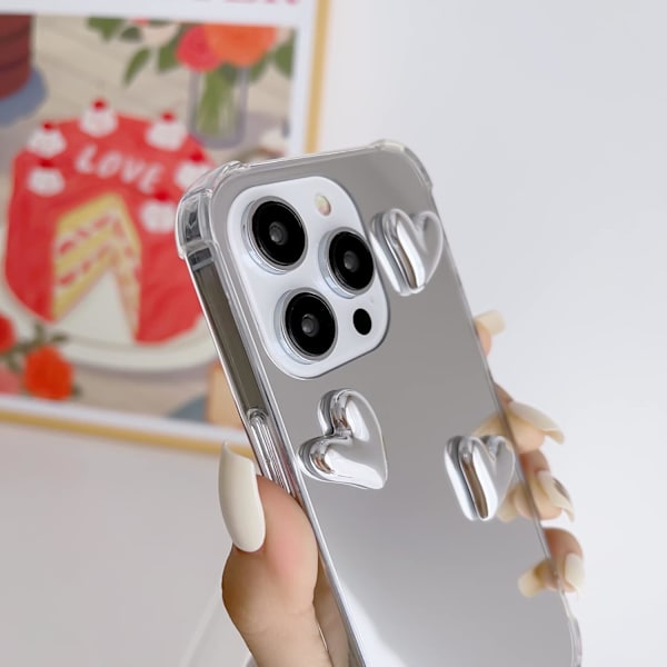 1 stk iPhone 15 Pro Max Speilveske, Fleksibel Søt Hjerte Myk Silikon Klar Sminke Speil Kvinner Jenter Støtsikker Pr