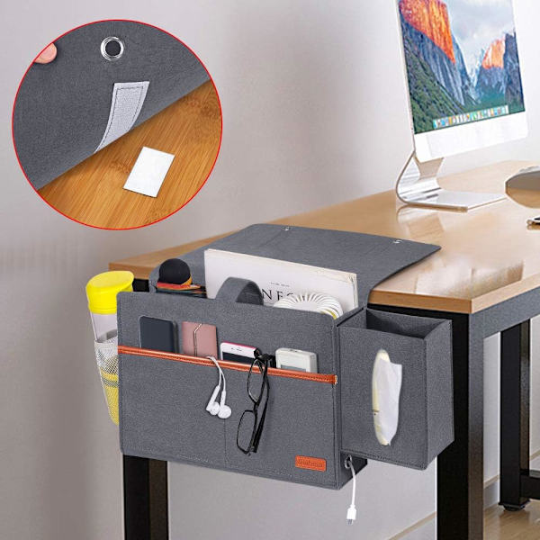 Sengveske i filt, seng hylle, sofa oppbevaringspose med lomme for papir