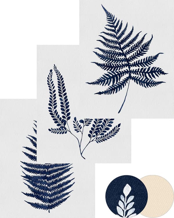 Set med 3 indigoblå ormbunksbladstryck - Maidenhair ormbunksväggkonst - 30 x 40 cm - Oinramad