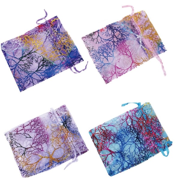 Organza-tasker, 100 stk. 7x9 cm Farverige snorekoralmønster Små organza-tasker, smykkepose, med