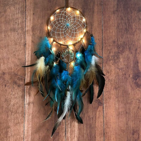 Blå Livets Træ Dreamcatcher med Fjer, Indiske Håndlavede Mobile LED Fe Lys