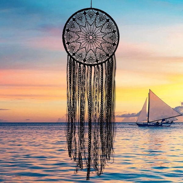 Håndlavet drømmefanger i sort - Stor Boho drømmefanger med macrame