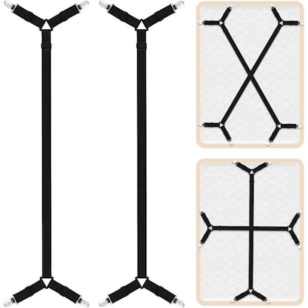 2 stk. utvidede lakenklemmer, 4 klemmer - justerbare lakenstropper med klemmer, madrassfas Black