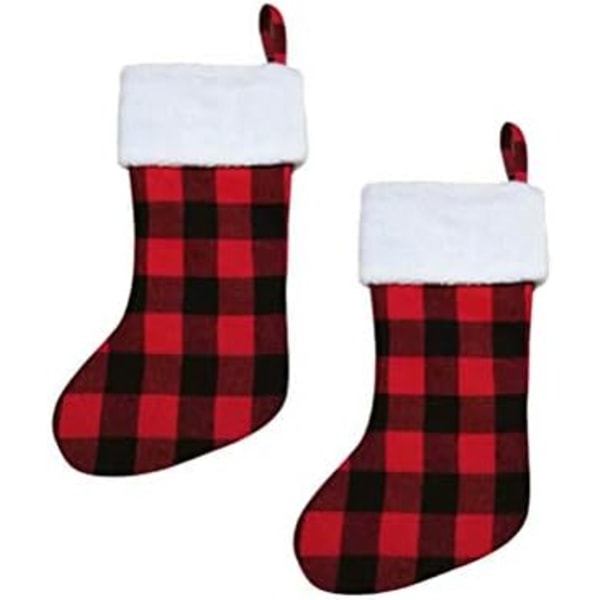 Julstrumpor Röd och Svart, 2-pack 16,5 tum Buffalo Plaid Julstrumpor med Plysch Manschett, Hängande Strumpa